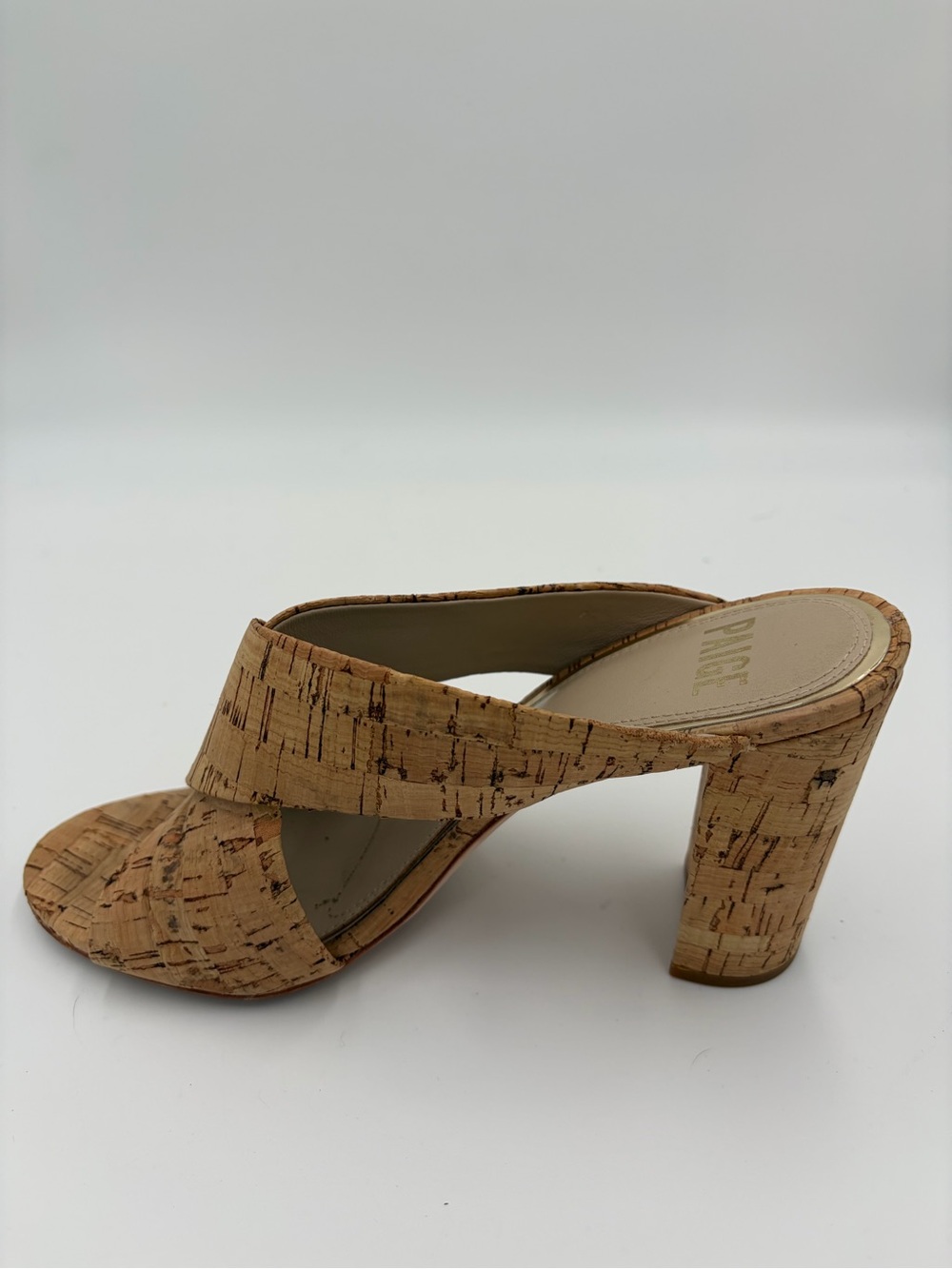 PAIGE Nadia Tan Cork-Effect Crossband Block Heel Mules Sandals